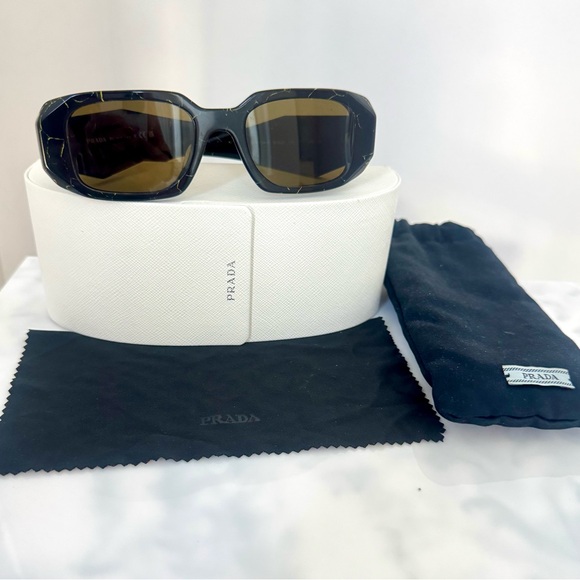 PRADA Rectangular Logo Sunglasses PR 17WSF Black/Yellow Marble/Dark Brown Unisex - Picture 12 of 14